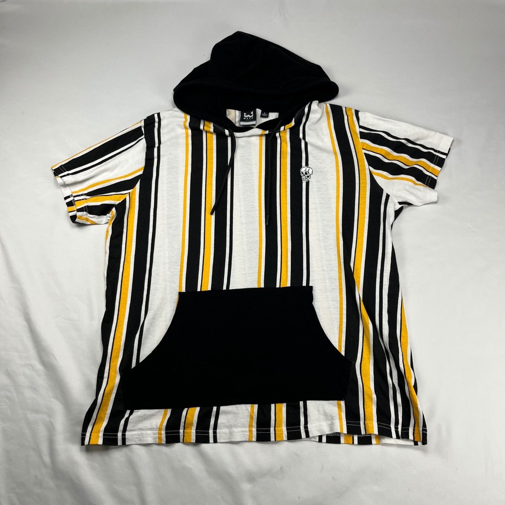 WXYZ MFG CO Mens Short Sleeve Hoodie Black Yellow White Striped Skull Size L